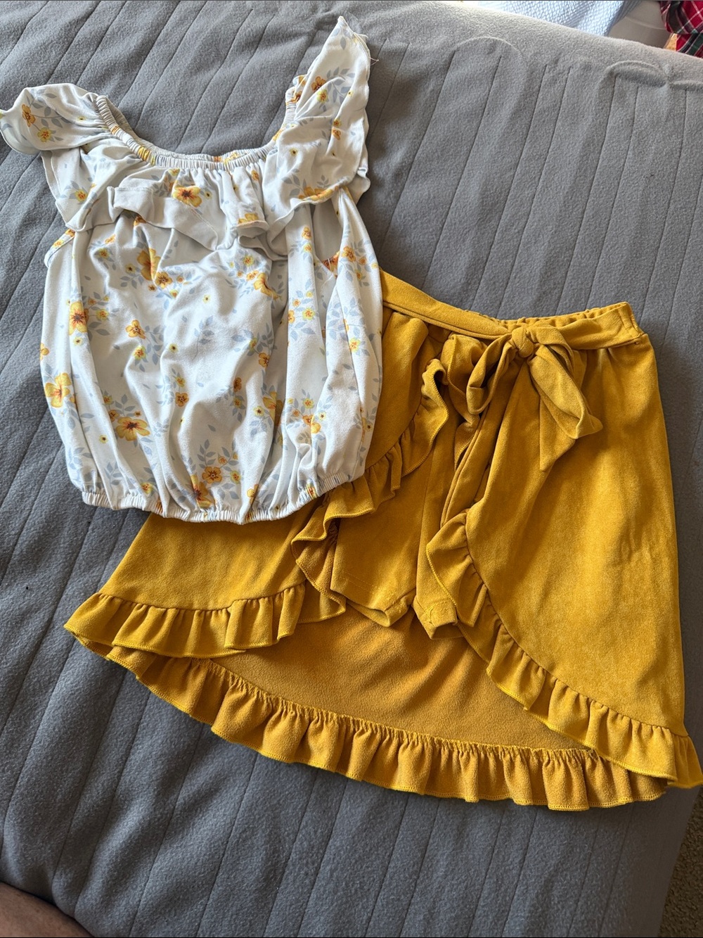 Yellow Ruffle Wrap Skirt with Floral Ruffle Top Set